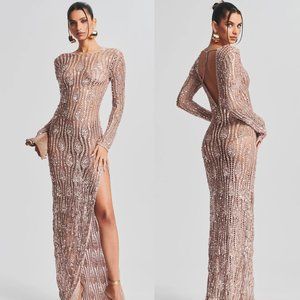 retrofete Cherri Sequin Crochet Maxi Dress in Rose Gold - Nude Tan Beige - M/L